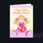 Daughter Puppe erste Geburtstag Karte<br><div class="desc">Whimsical Girls ragdoll gemalt Geburtstagskarte,  ideal für ein kleines Mädchen Geburtstag. Niedlich rosa,  rote,  lila,  gelbe und weiße Farben. Personalisieren Sie sich mit Ihrem eigenen Namen und Alter. Original Aquarellmalerei und Design von Sarah Trett für www.mylittleeden.com auf Zazzle.</div>