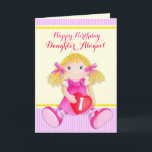 Daughter Puppe erste Geburtstag Karte<br><div class="desc">Whimsical Girls ragdoll gemalt Geburtstagskarte,  ideal für ein kleines Mädchen Geburtstag. Niedlich rosa,  rote,  lila,  gelbe und weiße Farben. Personalisieren Sie sich mit Ihrem eigenen Namen und Alter. Original Aquarellmalerei und Design von Sarah Trett für www.mylittleeden.com auf Zazzle.</div>