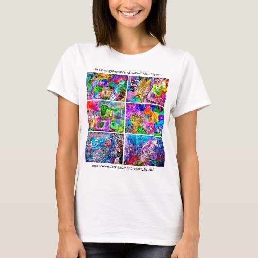 DAVID FLYNN ART COLLAGE T - SHIRT DER FRAU MIT TEX (Vorderseite)