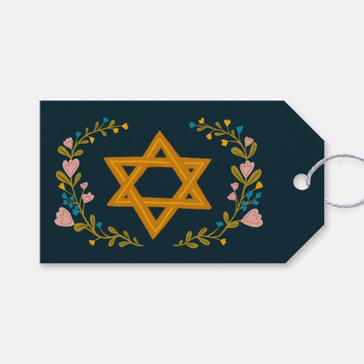 David Hand gezeichnet Floral Hanukkah Custom Geschenkanhänger (Vorderseite (Horizontal))