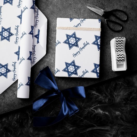 David Pattern | Blue Modern Happy Hanukkah Geschenkpapier
