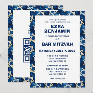 David Watercolor Custom QR Bar Bat Mitzvah Star Einladung