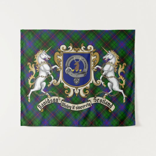 Davidson Clan Abzeichen & Unicorns w/Tartan Wandteppich (Vorderseite (Horizontal))