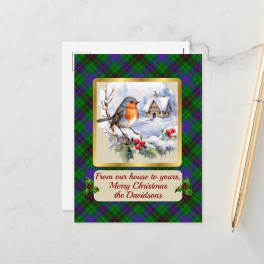 Davidson Tartan mit Robin Personalisiert   Feiertagspostkarte (Vorderseite/Rückseite Beispiel)