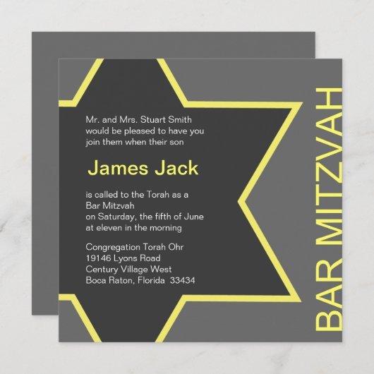 Davidsstern Bar Mitzvah grau u. gelb Einladung (Vorne/Hinten)
