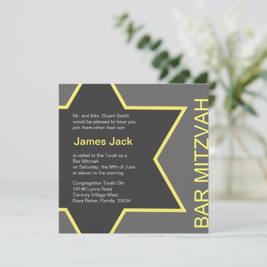 Davidsstern Bar Mitzvah grau u. gelb Einladung (Stehend Vorderseite)