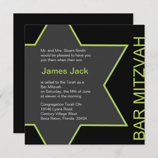 Davidsstern Bar Mitzvah hellgrün u. grau Einladung (Vorne/Hinten)