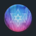 Davidsstern Bar-Schläger Mitzvah | blaues Pappteller<br><div class="desc">Haben Sie ein "Feuer- und Eis" Thema Bar Mitzvah oder Schläger Mitzvah Feier und das Suchen nach festlichen Dekorationen? Dieser kundenspezifische Flammen-Party-Teller des blauen und roten Feuers kann personalisiert sein! Die einzigartigen AquarellAusrüstungsbeschreibungen, die ein weißer jüdischer Davidsstern Auf einem größeren Stern für einen modernen und interessanten Blick bedeckte. Darüber hinaus...</div>