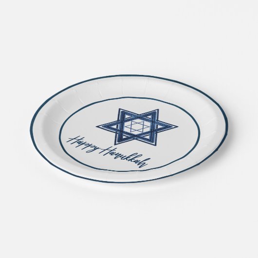 Davidstern | Classic Blue Modern Happy Hanukkah Pappteller (Schrägansicht)