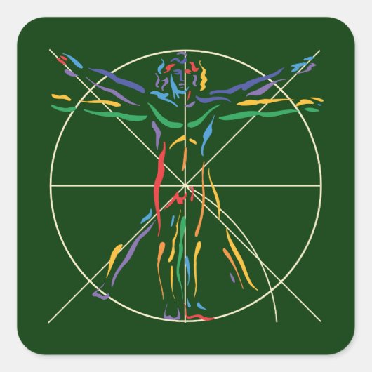 DaVinci Anatomy Man in Chakra Farben Quadratischer Aufkleber (Vorderseite)