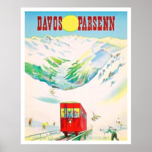 Davos Parsenn Bahn, roter Zug, Vintage-Reise Poster