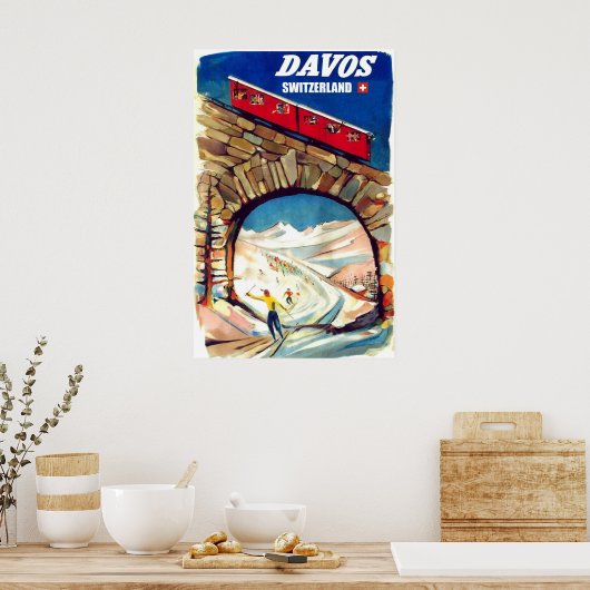 Davos, rote Luftseilbahn auf der Brücke, Schweiz Poster (Küche)