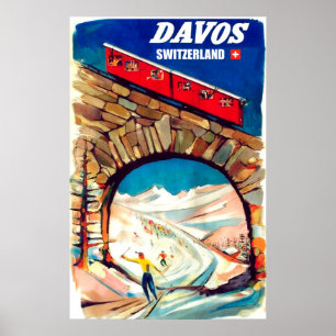 Davos, rote Seilbahn auf der Brücke, Schweiz Poster