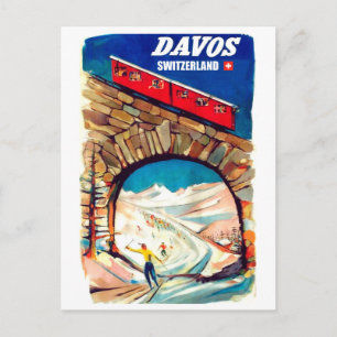 Davos, rote Seilbahn auf der Brücke, Schweiz Postkarte