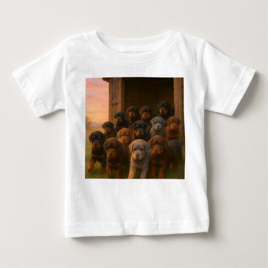 Dawn Parade: Rottweiler Puppies Emerging from the Baby T-shirt (Vorderseite)
