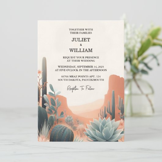 Day Green Boho Leaf Wüste Cacti Sukkulente Hochzei Einladung (Stehend Vorderseite)