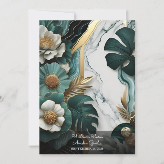 Day Marble Monstera Smaragdgrün und Gold Hochzeit Einladung (Rückseite)