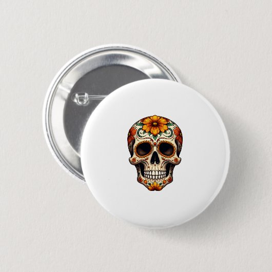 Day Of Dead Sugar Skull Floral Skeleton Head Bone Button (Vorne & Hinten)