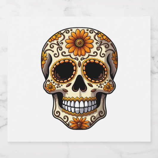 Day Of Dead Sugar Skull Floral Skeleton Head Bone Schaumweinetikett (Einzelnes Label)