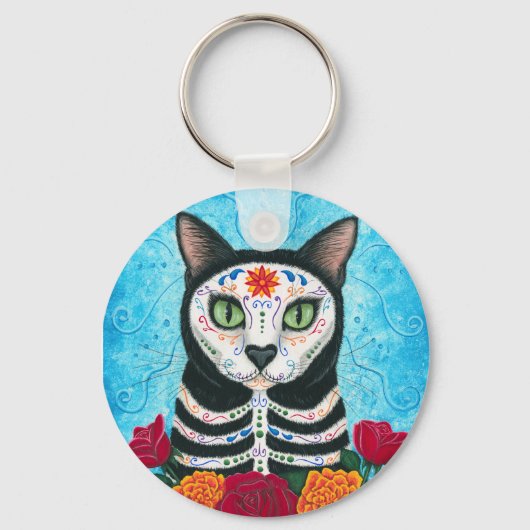 Day of the Dead Cat Sugar Skull Art Keychain Schlüsselanhänger (Vorderseite)