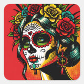 Day of the dead Mexican Catrina Roses Quadratischer Aufkleber (Vorderseite)