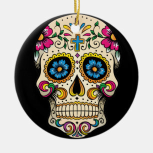 Day of the Dead Sugar Skull Cross Ornament Round