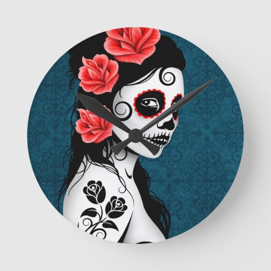 Day of the Dead Sugar Skull Girl - blue Runde Wanduhr (Vorderseite)