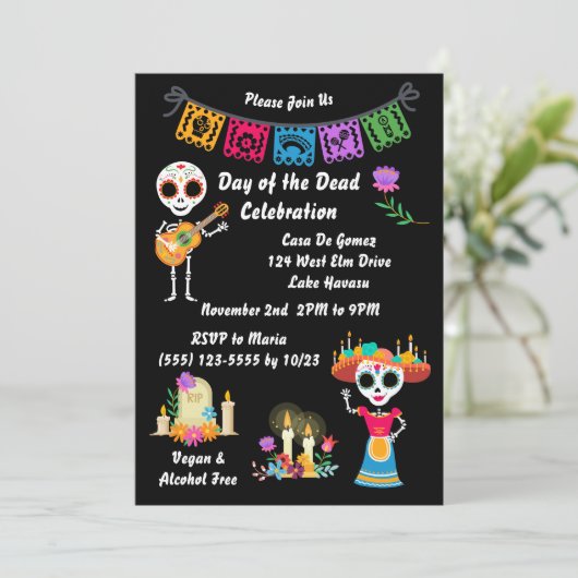 Day of The Dead Sugar Skull Skeletons Invitation Einladung (Stehend Vorderseite)
