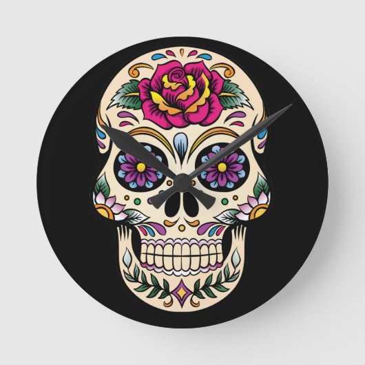 Day of the Dead Sugar Skull with Rose Runde Wanduhr (Vorderseite)