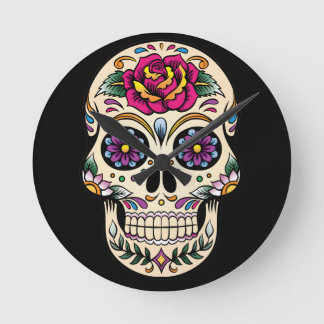 Day of the Dead Sugar Skull with Rose Runde Wanduhr