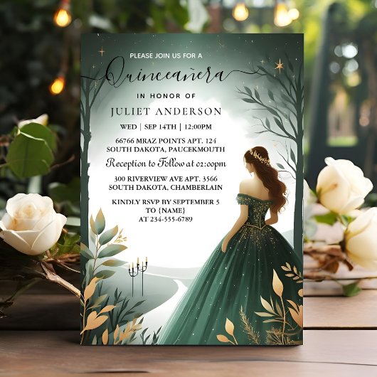 Day Trees Gold Mint Glam Emerald Green Quinceanera Einladung