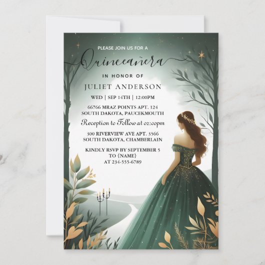 Day Trees Gold Mint Glam Emerald Green Quinceanera Einladung (Vorderseite)