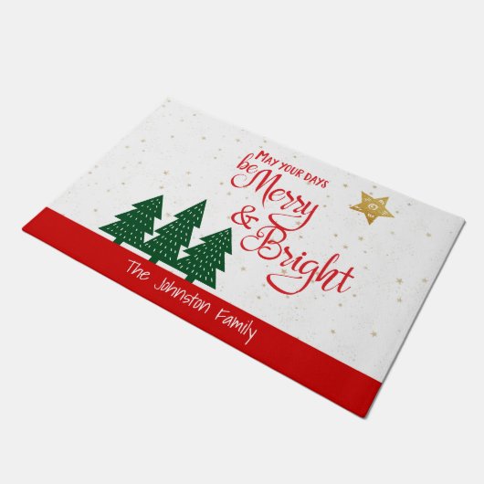 Days Be Merry Bright Script Bold Trees Gold Star Fußmatte (Schrägansicht)