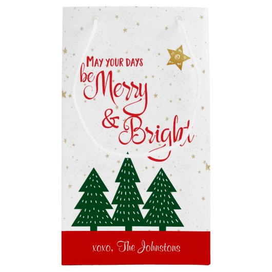 Days Be Merry Red Script Gold Stars Bäume Kleine Geschenktüte (Rückseite)