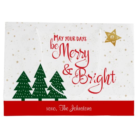 Days Be Merry Red Script Trees Gold Stars Große Geschenktüte (Rückseite)