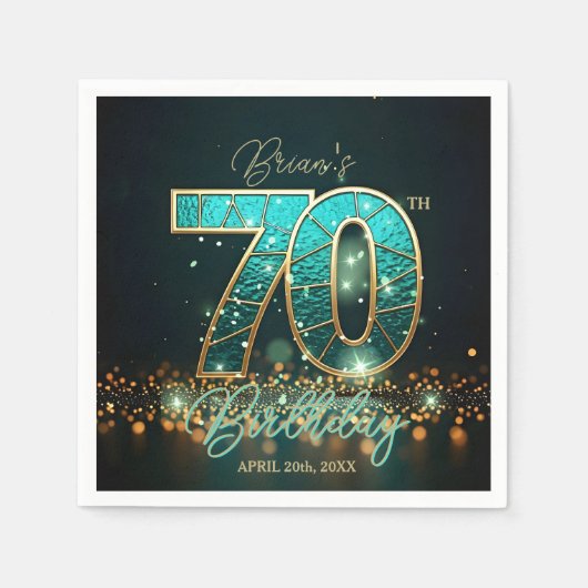 Dazzling Aquamarin Mosaic Gold Jeweled 70. Geburts Serviette (Vorderseite)
