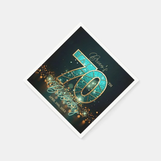 Dazzling Aquamarin Mosaic Gold Jeweled 70. Geburts Serviette (Ecke)