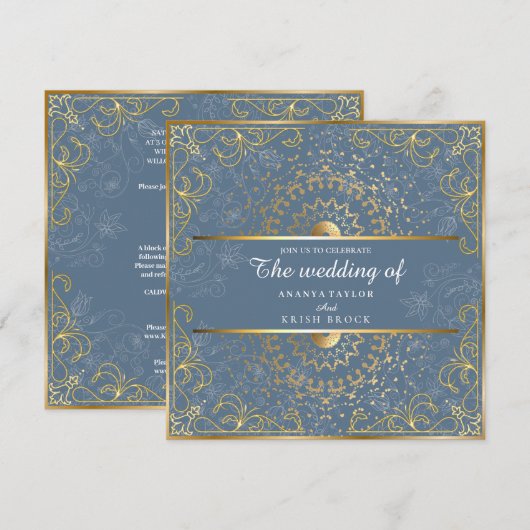 Dazzling Blue and Gold Wedding Einladung (Vorne/Hinten)