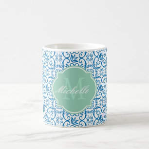 Dazzling Blue Damask Monogram Tasse