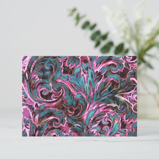 Dazzling Damask Pink Aquamarin-braune Antwortkarte RSVP Karte (Stehend Vorderseite)