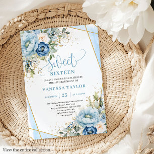 Dazzling Dusty Blue White Floral Sweet 16 Einladun Einladung
