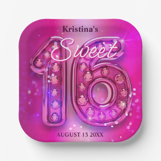 Dazzling Fuchsia Jeweled Sweet Sixteen Milestone Pappteller (Vorderseite)