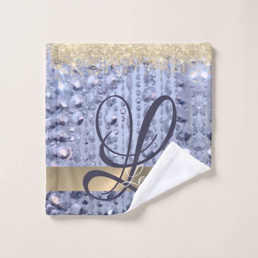 Dazzling Glittery Blue Beads Monogram Badhandtuch Set (Waschlappen)