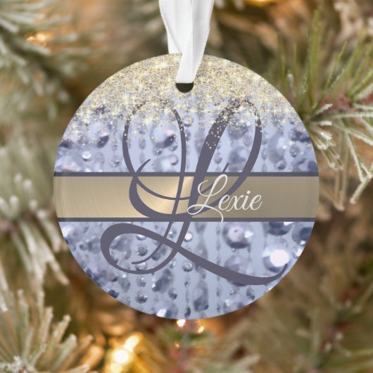 Dazzling Glittery Blue Beads Monogram Ornament (Baum)