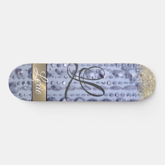 Dazzling Glittery Blue Beads Monogram Skateboard (Horizontal)