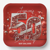 Dazzling Red and Silver Glittery 50. Geburtstag Pappteller (Vorderseite)