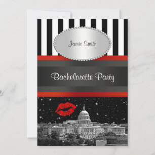 DC Skyline Blk Wht Strp Red Kiss Bachelorette Einladung