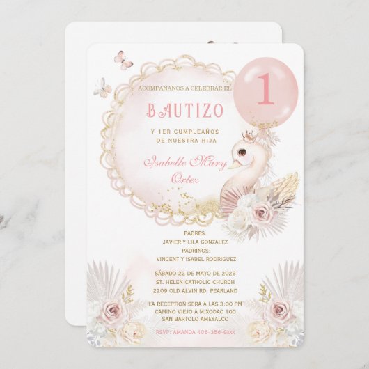 de Bautizo Y Primer Añito Cisne Einladung (Vorne/Hinten)