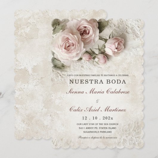 De Boda Elegante Con Flores Rosa Pastel Einladung (Vorne/Hinten)
