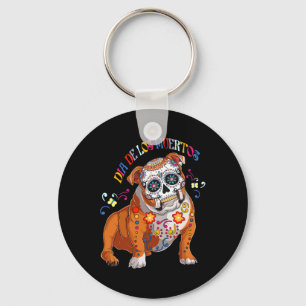 De Los Muertos English Bulldog Floral Skull Face Schlüsselanhänger
